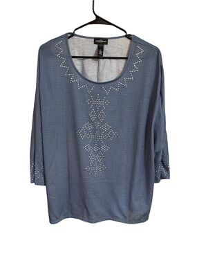 Karen Scott Slate Blue Scoop-Neck Long Sleeve Top with Stud Detail